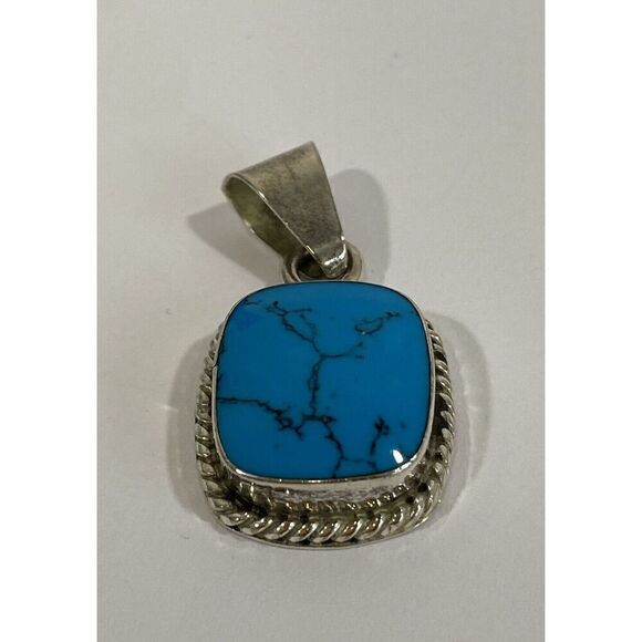 Large Sterling Silver 925 Turquoise Cabochon Pendant Mexico 1.4” - Picture 2 of 6